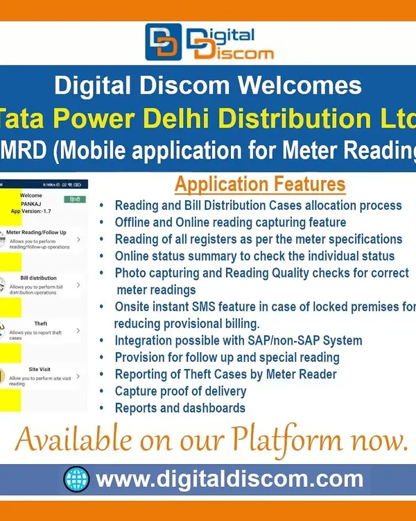 We provide proven mobile applications to digitize your fieldwork. This is the SMRD application from Tata Power DDL, designed for accurate, error-free meter reading and timely bill distribution, featuring photo capture, quality checks, and integration with SAP systems to reduce billing complaints.