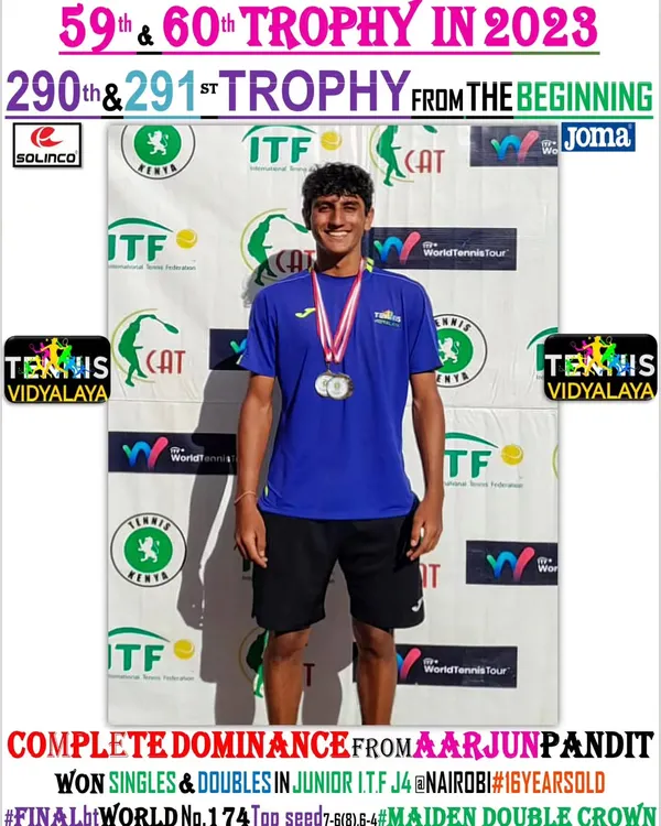 Complete dominance from Aarjun Pandit, winning both Singles and Doubles at the Junior ITF J4 in Nairobi. This was his maiden ITF double crown and a result of his incredible dedication.