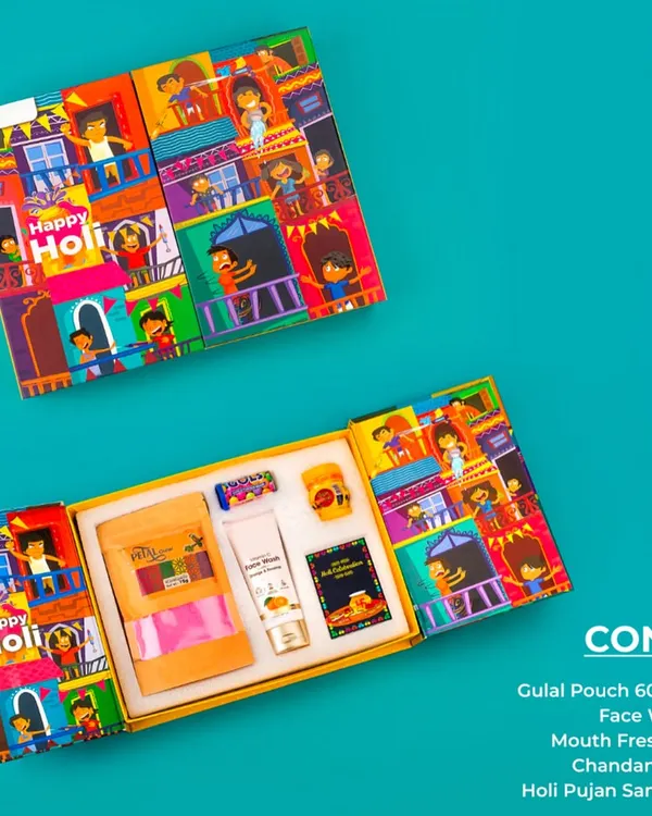 Brighten your brand's presence this Holi with my customized hampers. This set includes gulal pouches, face wash, a mouth freshener, and other festive essentials.