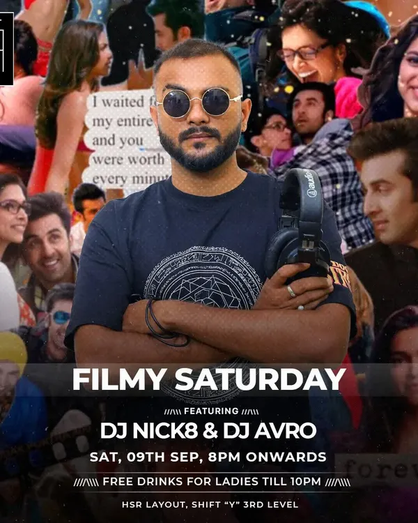 Filmy Saturday is all about the drama and energy of Bollywood. This poster shows a typical weekend gig where I team up with another DJ to bring non-stop desi hits, with special offers like free drinks for ladies to kickstart the night.