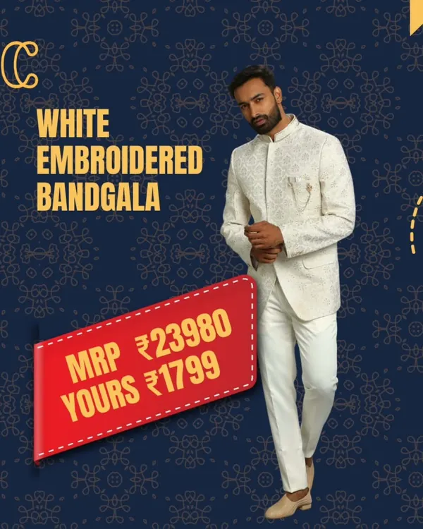 A crisp, white embroidered bandhgala that looks like a million bucks but costs less than a night out. This is the kind of smart style we offer, making luxury accessible for your big moments.