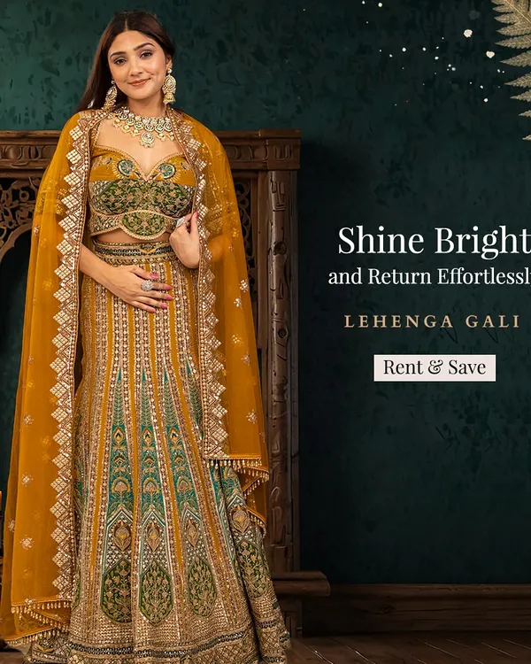 We believe your dream wedding look shouldn't come with a hefty price tag. This stunning mustard and green embroidered lehenga is perfect for a sangeet or mehendi, offering a vibrant and traditional style that you can rent for your special day.