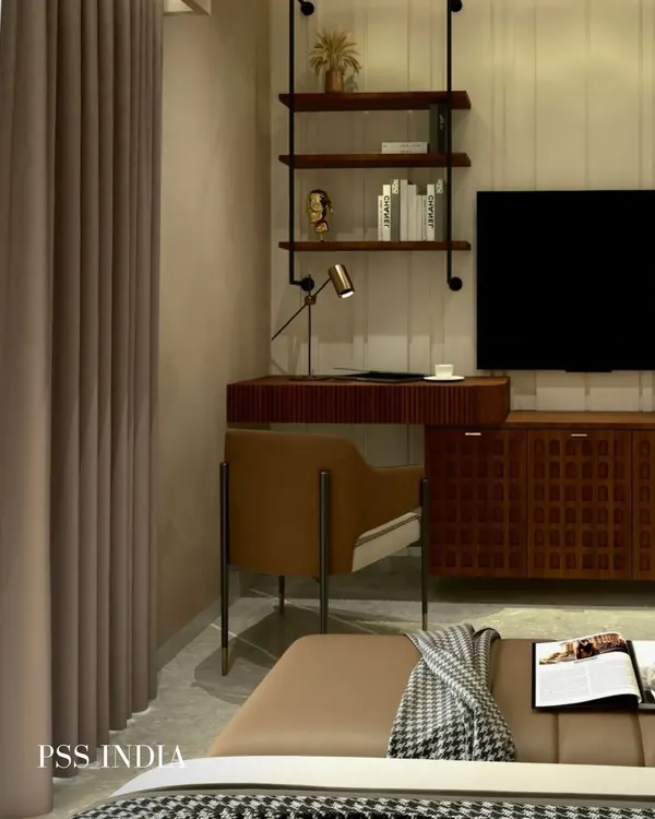 This bedroom corner is transformed into a functional and stylish workspace. A floating wooden desk, an elegant chair, and industrial-style shelving provide a dedicated area to learn, grow, and thrive.