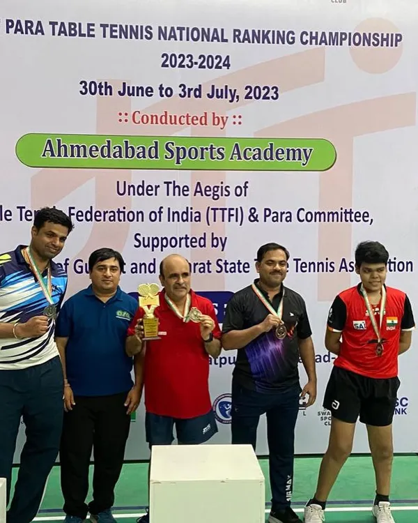 Our para-athlete Gajanan Parmar on the winner's podium with fellow medalists after winning gold at the UTT 1st Para Table Tennis National Ranking Championship in Ahmedabad.