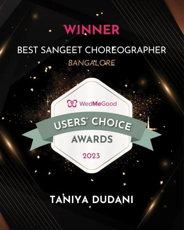 We are so proud to be a WedMeGood Users' Choice Award Winner for 2023. This recognition as Best Sangeet Choreographer in Bangalore is a testament to the hard work of our team and the love from our amazing clients.