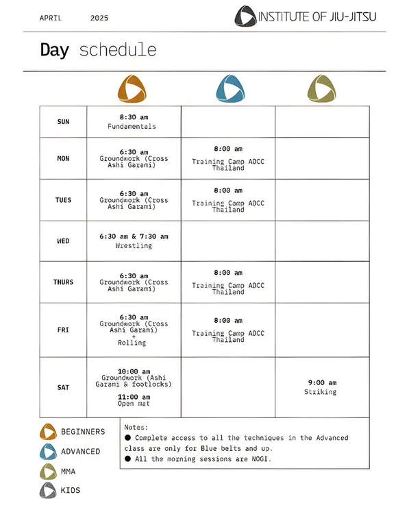 Our day schedule is designed for serious training. It includes morning sessions for Groundwork, Wrestling, and Striking, with specific classes for Beginners and Advanced students, as well as training camps.
