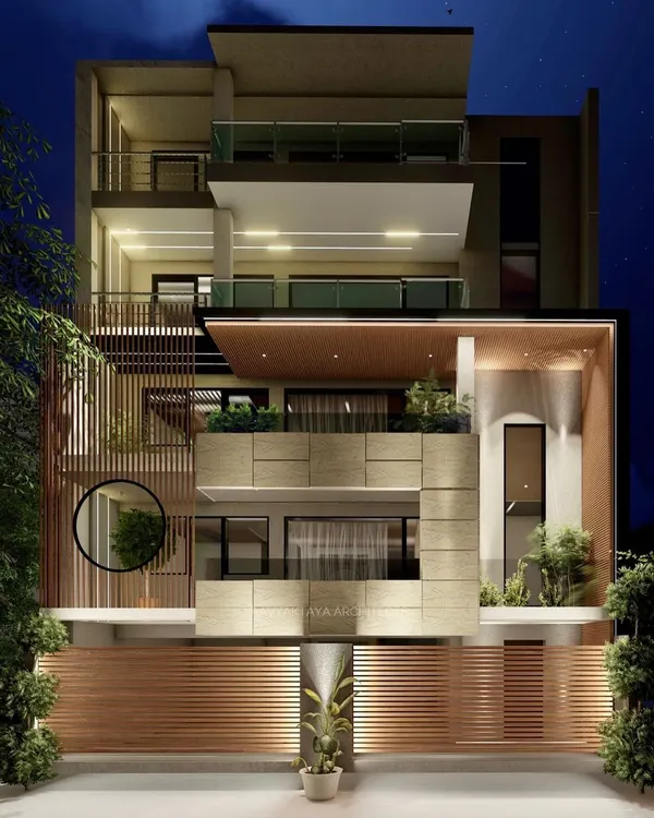 A visualization of a residential building facade, designed to capture the beauty of light and shadow. The design uses a mix of materials, including stone cladding and wood louvers, to create texture and depth. I believe a building should be a visual art piece that speaks for itself.