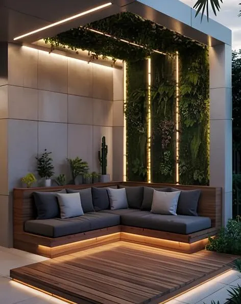 A cozy seating nook made exceptional by a floor-to-ceiling artificial vertical garden. We integrated this green wall with the built-in wooden bench and used LED lighting to highlight its texture.