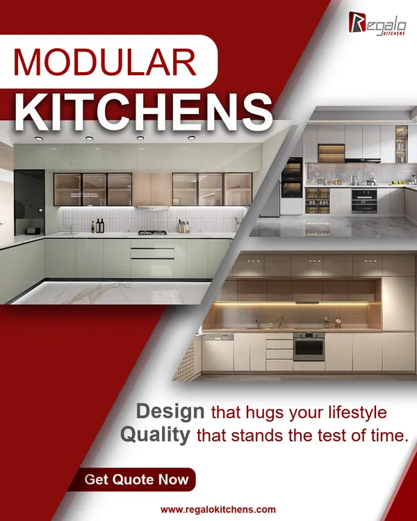 This graphic showcases a variety of our modern kitchen designs, emphasizing our promise of "Design that hugs your lifestyle, Quality that stands the test of time." We offer complete home solutions, including wardrobes, vanities, and TV units.