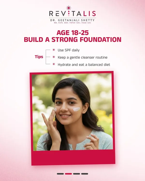 In your late teens and early 20s (age 18-25), the goal is to build a strong foundation for future skin health. The most important habits are using SPF daily, maintaining a gentle cleansing routine, and staying hydrated with a balanced diet.