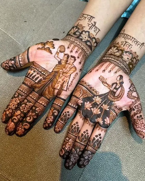 This Karwa Chauth design tells a complete story. I've created a detailed portrait of a couple celebrating together, alongside a woman performing the ritual, all framed by delicate floral patterns and the auspicious blessing "सदा सौभाग्यवती भव:" written on the wrist.