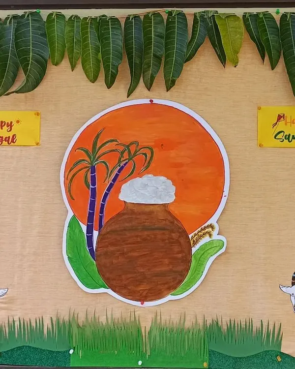 Our beautiful classroom board decorated for Pongal and Sankranti, featuring a traditional pot, sugarcane, and decorated bulls.