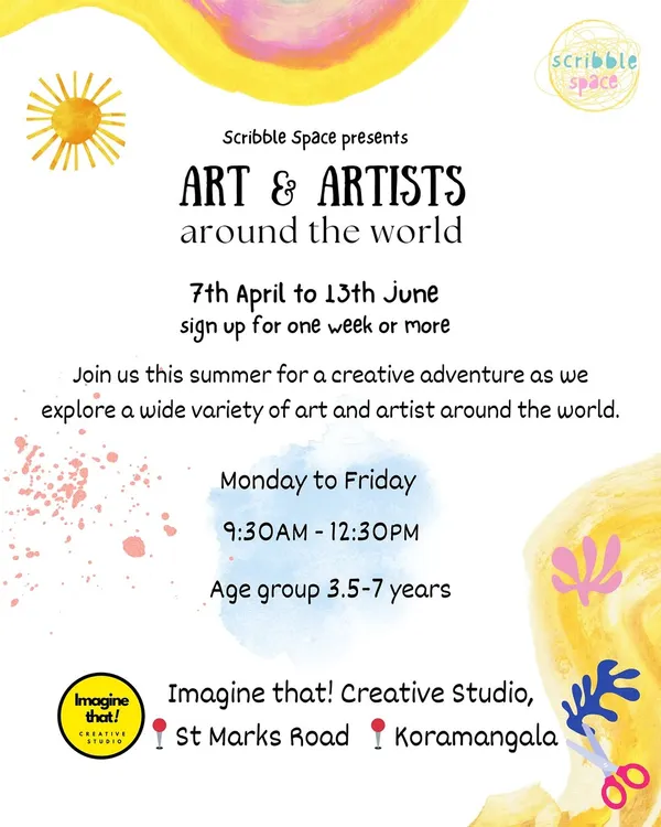 Our flyer for the "Art & Artists around the World" summer camp. This multi-week program offers a creative journey across continents for children aged 3.5 to 7.