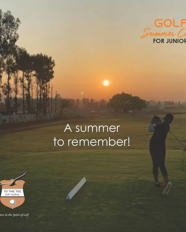 We believe in nurturing a lifelong passion for golf from a young age. A junior golfer takes a practice swing against a beautiful sunset, capturing the spirit of dedication we foster in our summer camps.