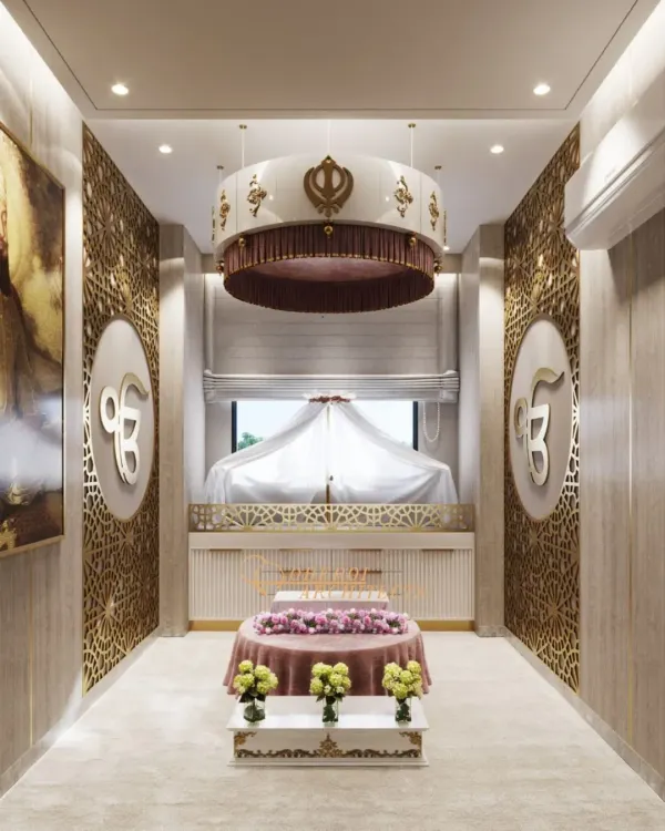 I designed this prayer room as a modern sacred space for quiet devotion. It features intricate jaali panels, symbolic Khanda motifs, and soft, layered lighting to create an atmosphere of spiritual tranquility and reverence.