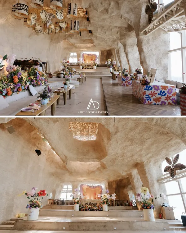 A collage from the "Baby in Bloom" themed baby shower. I transformed the unique, cave-like space at Bastian At The Top with vibrant, oversized flowers and playful decor elements.