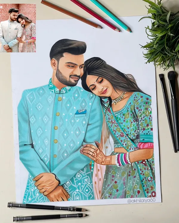 A beautiful moment between a couple, captured in a colorful A3 portrait. I focused on their traditional outfits and the gentle connection between them, using colored pencils to create a warm and vibrant feel.