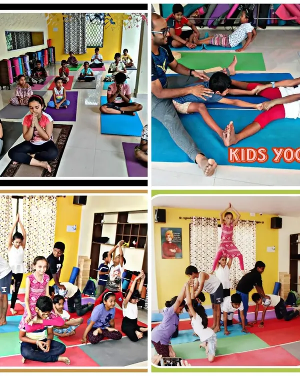 A snapshot of the diverse yoga practices at our camp. We incorporate individual poses, partner work for building connection, and group activities to make learning yoga a joyful and communal experience for children.