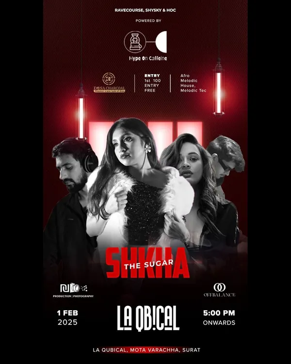 The official poster for my 'Sugar' themed Afro and Techno night at La Qbical cafe in Surat.