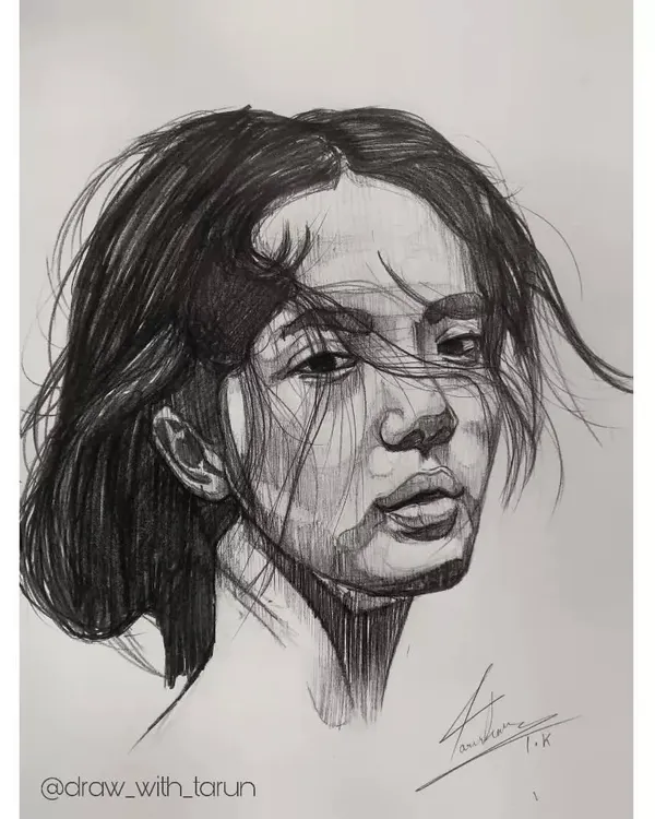 A portrait study focusing on the hatching technique to create form and shadow. Notice how the direction of the lines helps define the structure of the face and the flow of the hair.