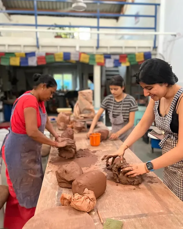 The studio thrives with creativity, chatter, and laughter. Here, students and our studio assistant are wedging clay together. I am so grateful for the dedication of everyone who makes this space so full of life.