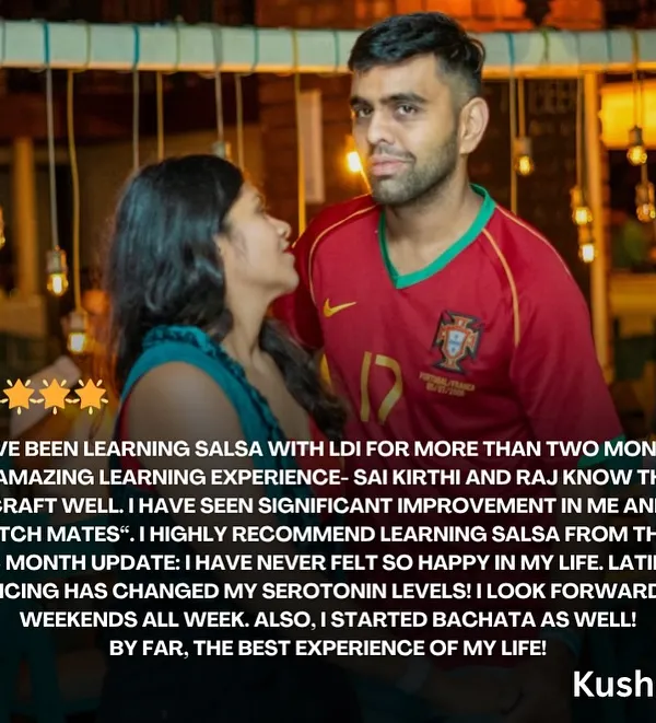 "Latin dancing has changed my serotonin levels! I look forward to weekends all week." This review from Kushagra says it all. This is why we teach, to bring this kind of joy into people's lives.