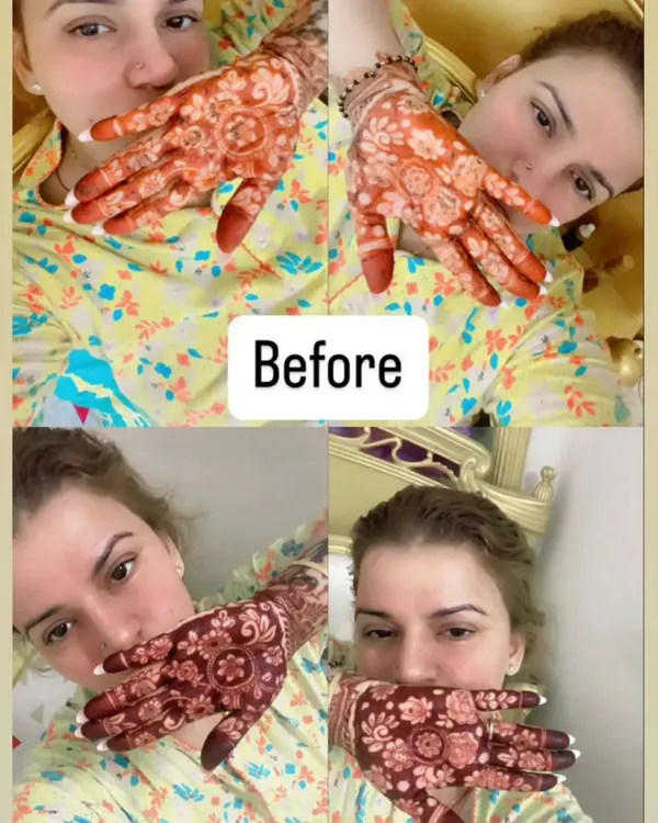 The proof is in the color. This before and after collage shows the light paste and the resulting deep, rich maroon stain, a result of my 100% natural henna.