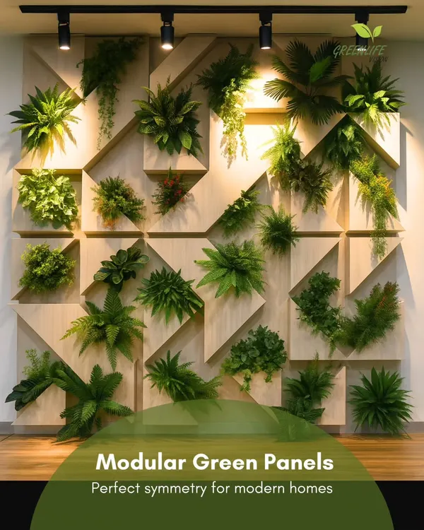 Perfect symmetry for modern homes. Our modular green panels can be arranged in geometric patterns to create a structured yet natural piece of wall art.