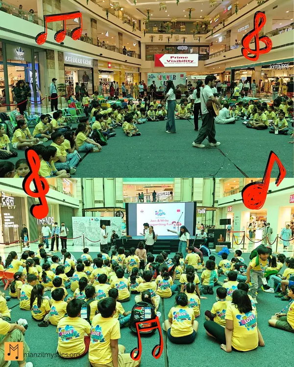 We partnered with Daakroom for a summer camp at Ambience Mall, bringing music and songwriting to over 120 children. This image shows the large-scale, joyful workshop in action.