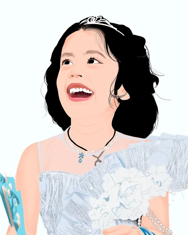 A detailed digital portrait capturing the pure joy on a young girl's face. I focus on getting the expression and details just right, from the sparkle in her eyes to the delicate fabric of her dress.