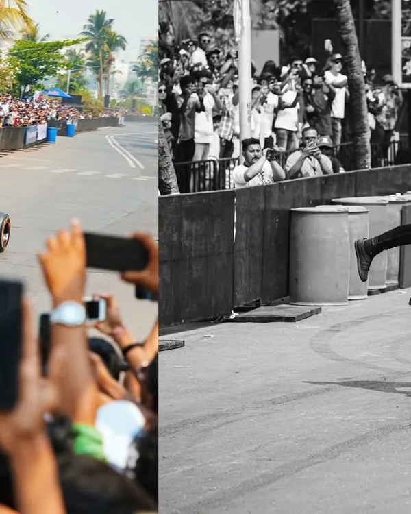 I capture the dual thrill of the Red Bull Showrun in Mumbai. On the left, the Oracle Red Bull Racing F1 car blurs past the crowd, and on the right, a freestyle stunt rider defies gravity. This is what I live for, freezing high-speed moments for brands and fans.
