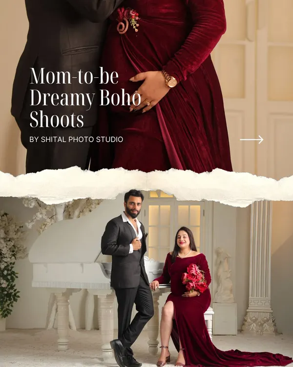 For this session, we created a dreamy, bohemian-inspired look. The rich textures of the velvet gown and the elegant studio setup with a grand piano provide a sophisticated backdrop for these maternity portraits.