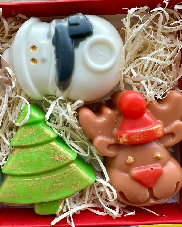 My Holiday Soap Gift Box, featuring three enchanting Christmas-themed soaps: Rudolph, a snowman, and a Christmas tree.