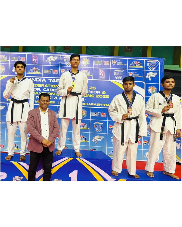 Prateek on the podium after winning a bronze medal at the 1st Federation Cup in Nashik. A proud moment for him and the academy.