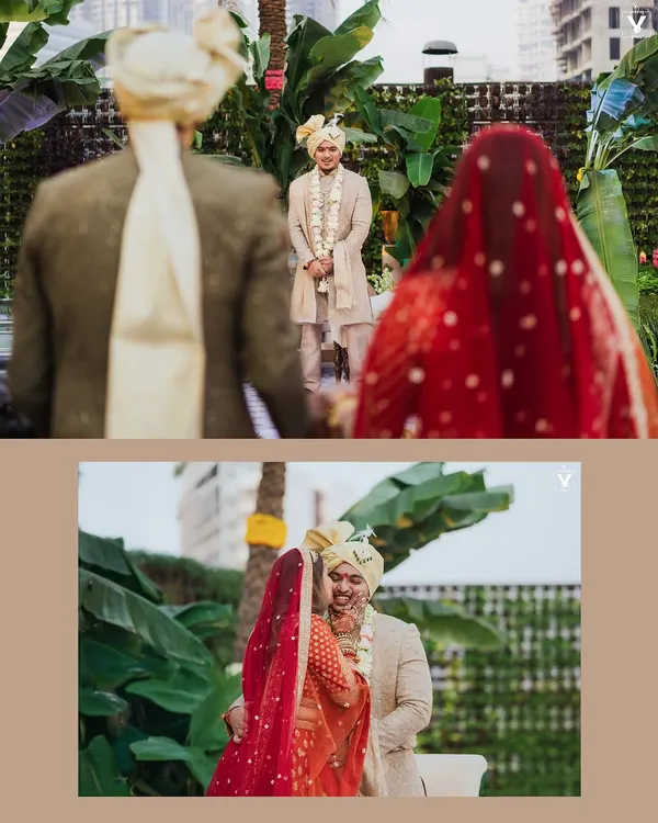 A collage capturing the bride's entrance and the moment she meets her groom for the varmala. The over-the-shoulder perspective puts you right in the middle of this emotional moment.