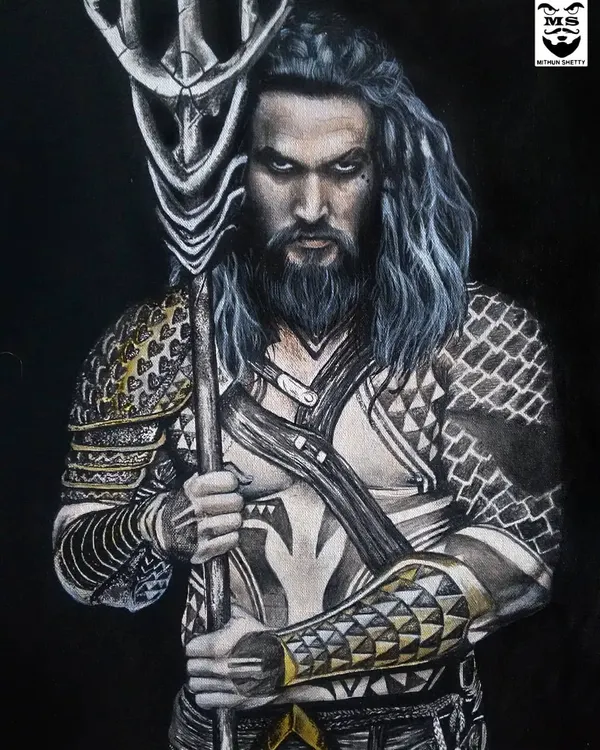 An acrylic painting of Jason Momoa as Aquaman on a black canvas. The dark background makes the details of the armor and the intensity in his eyes stand out.