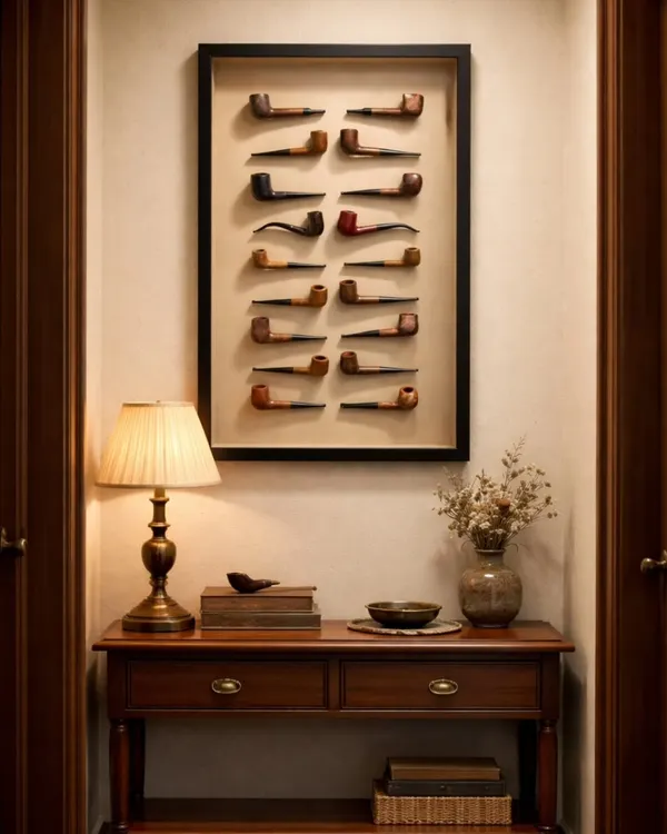 This frame holds more than just a collection of vintage pipes; it cradles a family's history spanning three generations. We approached this project with the reverence of a curator, designing a deep box frame with an acid-free mount to transform this deeply personal inheritance into a timeless piece of wall art that honors its legacy.