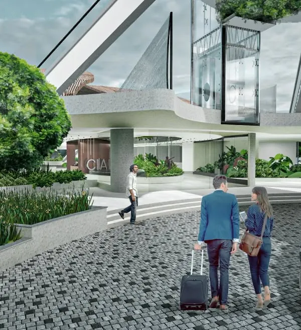 My tropical-themed landscape design for Cochin International Airport (CIAL) is coupled with futuristic architecture. An illuminated 'Deepam' sculpture welcomes passengers at the driveway, grounding the modern design in Kerala's rich traditions.