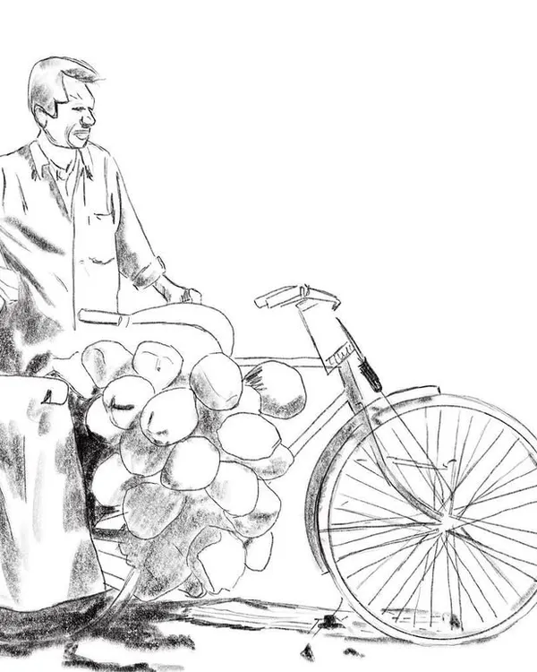 This is the initial pencil sketch for my 'Coconut Seller' painting. Every detailed color illustration begins with a simple line drawing to get the composition and proportions right.