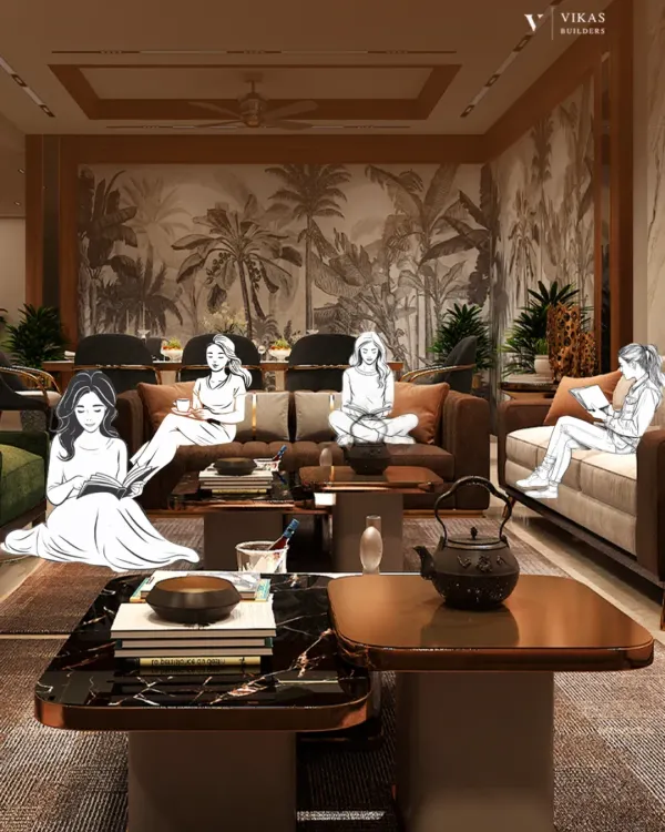 We envision spaces that inspire stories and calm. This illustration over a real project photo shows how our living rooms are designed for life to unwind, with ample seating and a connection to nature through features like a tropical wallpaper.