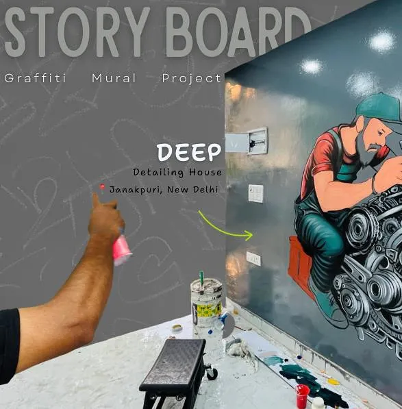 This storyboard-style image shows the concept for a mural at Deep Detailing House in Janakpuri. The goal was to visually represent the craft of car detailing through bold characters and mechanical elements.