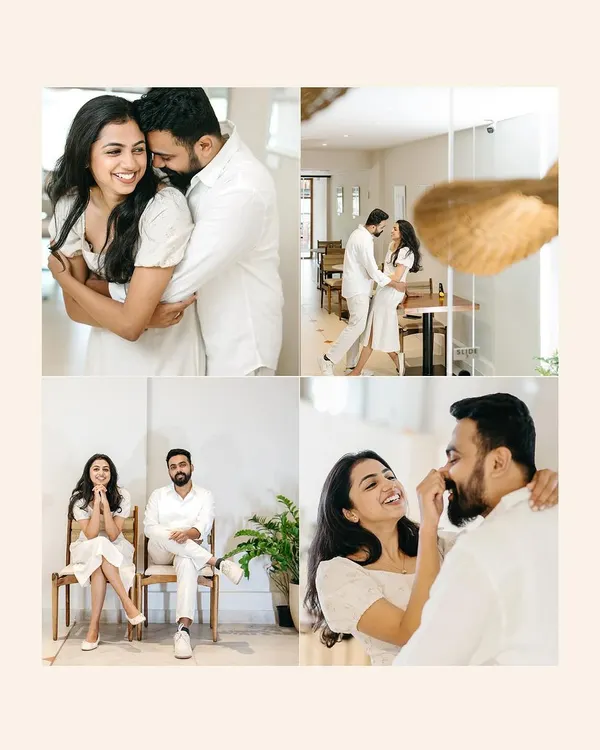 A beautiful collage from a minimalist indoor shoot. The all-white outfits and clean setting allow the couple's playful and romantic interactions to be the complete focus.