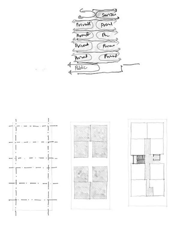 Diagrams are essential tools I use to explain a design's logic to my clients. These simple sketches show the structural grid, the sequence of spaces, and the zoning of public versus private areas, making the architectural plan easy to understand.