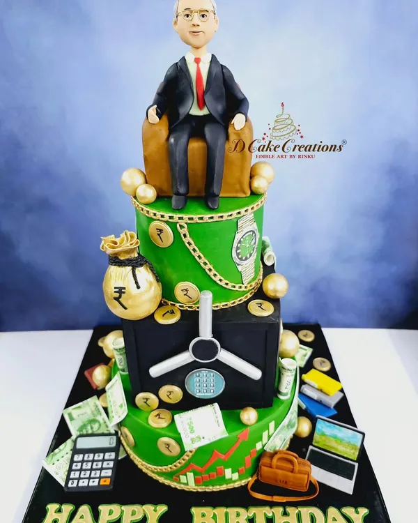 A cake for the boss! This three-tier corporate-themed cake is all about the world of finance, featuring an edible vault, money bags, a stock market graph, and a custom figurine of the birthday boss himself.