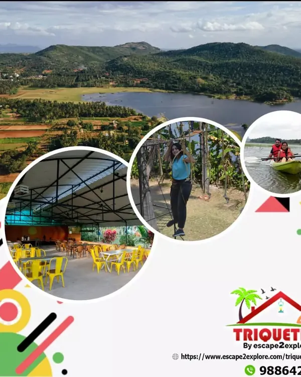 This graphic gives you a glimpse of what we offer: a beautiful dining area, rope activities, and kayaking, all with a stunning landscape as the backdrop.
