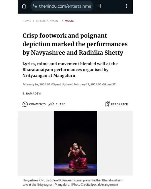 A screenshot of the review of my performance in Mangaluru, featured in The Hindu. I am grateful for the critic's words on my footwork and depiction of the narrative.