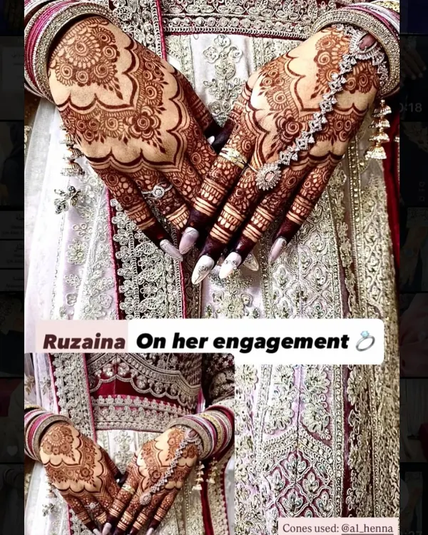 This is the final, rich stain on Ruzaina for her engagement, achieved with my signature organic henna. The deep color beautifully complements her traditional attire, showing how my mehndi completes your special occasion look.