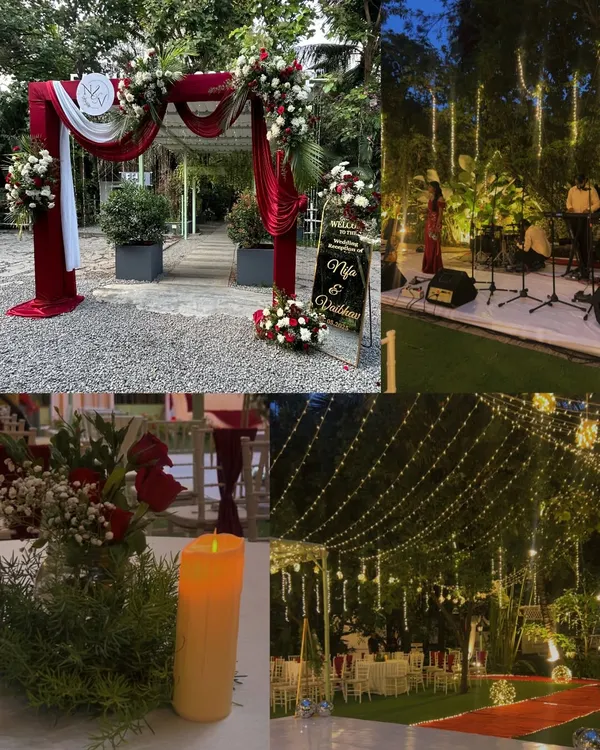 A collage showcasing a romantic outdoor wedding reception. We curated an experience with a live band, a grand floral entrance, candlelit tables, and a canopy of fairy lights.