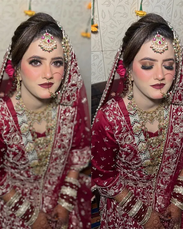 This is my signature Nikkah bride look. I focused on creating a flawless, radiant base with dramatic smokey eyes and a bold maroon lip to complement her stunning traditional outfit. The elegant hair updo and heavy jewelry complete this regal bridal style.