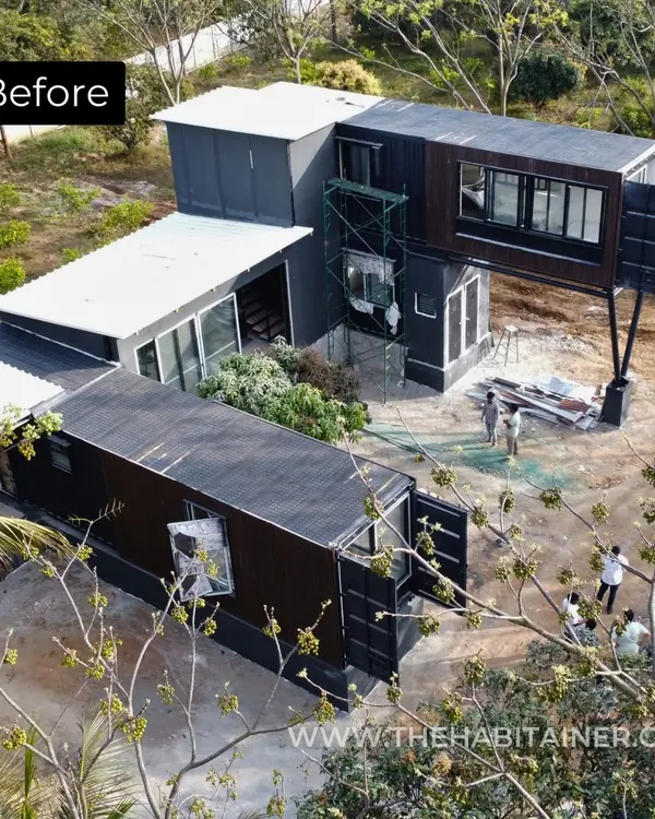 A before and after comparison of a multi-container home project. This shows the dramatic transformation from a raw construction site with stacked containers to a finished, architecturally unique residence.